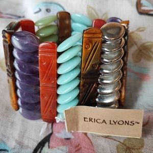 Erica Lyons Carved Plastic Blue Purple Silver Marbled Brown Stretch Bracelet
